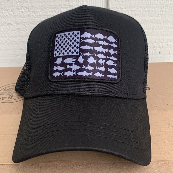 Mens Fishing American Flag Cap Trucker Hat Snapback Hats Black Nwt - Picture 1 of 9